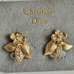 Christian Dior Gold Tone Floral Leaf Clip On Earrings Crystal Accents